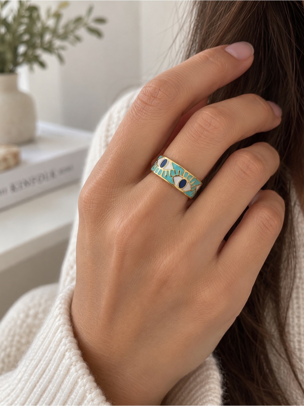 Gold-Tone Turquoise Enamel Evil Eye Band Ring - Women's Jewelry